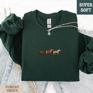 K&ouml;nnte beinhalten: Dunkelgr&uuml;nes Sweatshirt mit gestickten Pferden. Auf der rechten oberen Ecke des Sweatshirts steht &bdquo;SUPER SOFT&ldquo;. Eine silberne Halskette mit rundem Anh&auml;nger liegt &uuml;ber der Vorderseite. Das Sweatshirt ist auf einer Jeans gefaltet.