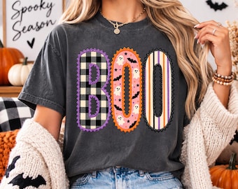 Camiseta Boo de Halloween, Camiseta Boo de patchwork, Camiseta Comfort Colors, Camiseta Preppy de Halloween, Camiseta de fantasma adorable, Camiseta de Halloween a cuadros, Temporada espeluznante