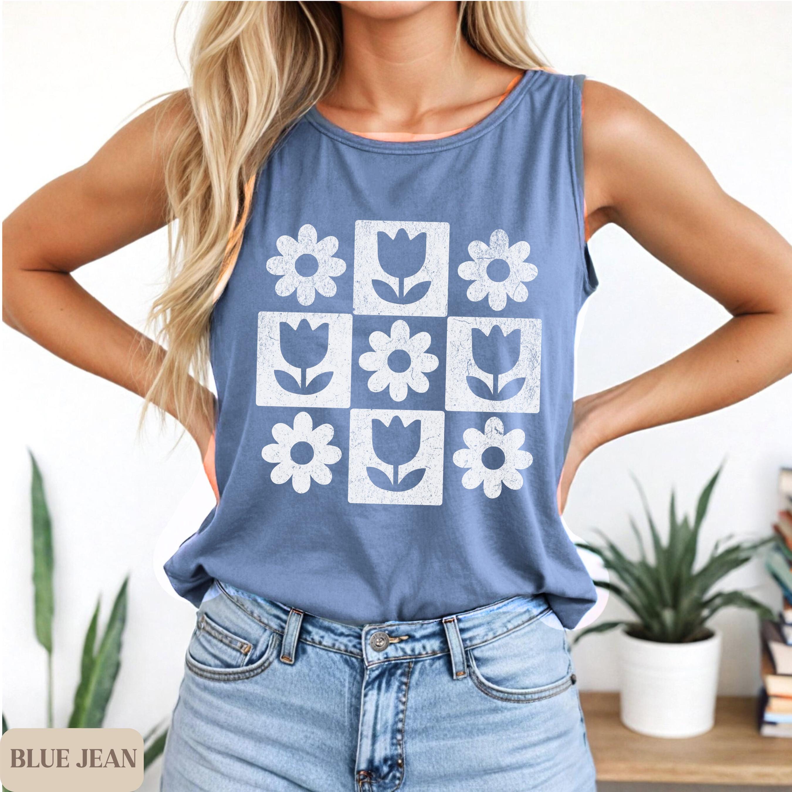 Minimalist Floral Tank Top, Retro Flower Shirt, Tulip Daisy Block