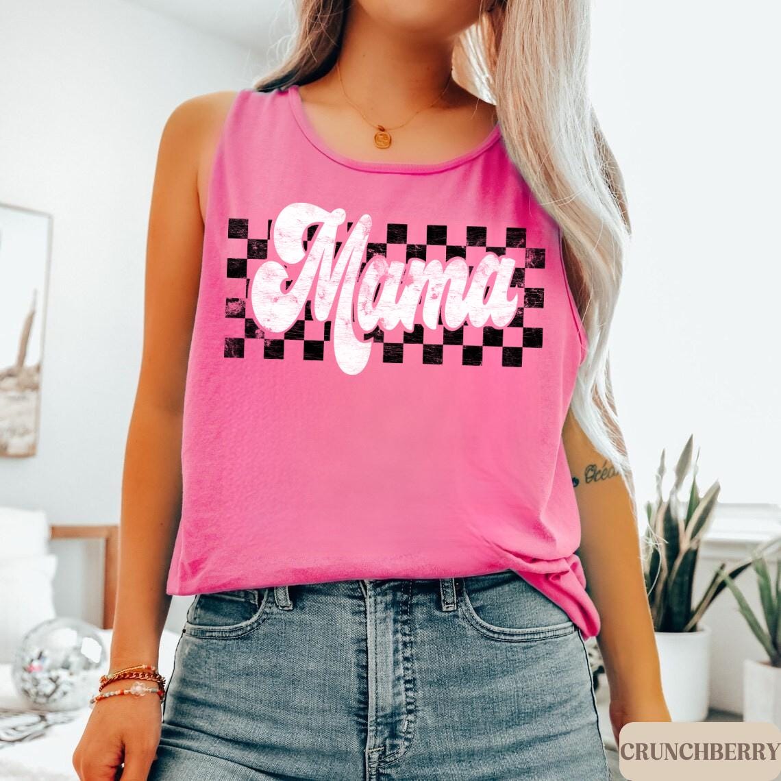 トップス botetomama Retro Mama Tank Top, Comfort Colors Mom Tank, Checkered Mom Tank