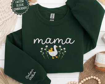 Personalized Mama Goose Sweatshirt, Embroidered Mom Crewneck, Custom Sleeve Names, Mother's Day Gift, Cozy New Mom Sweater Baby Shower Gift