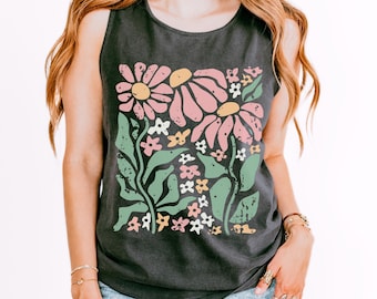Boho Floral Tank, Comfort Colors Top, Aesthetic Flower Shirt, Retro Summer Tee Minimalist Wildflower Tank Cute Graphic Gift for Her Soft Tee
