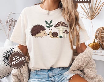 Woodland Animal Christmas Gift, Cottagecore Mushroom Tee, Cozy Nature Lover Shirt, Hedgehog Snail Fall Top, Comfort Colors Shirt for Women