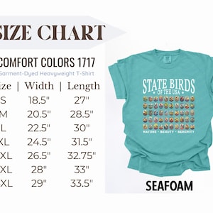 May include: A size chart for a seafoam green t-shirt with the text "State Birds of the USA" and a graphic of various state birds. The shirt is a garment-dyed heavyweight t-shirt. Sizes range from S to 4XL with corresponding width and length measurements in inches.