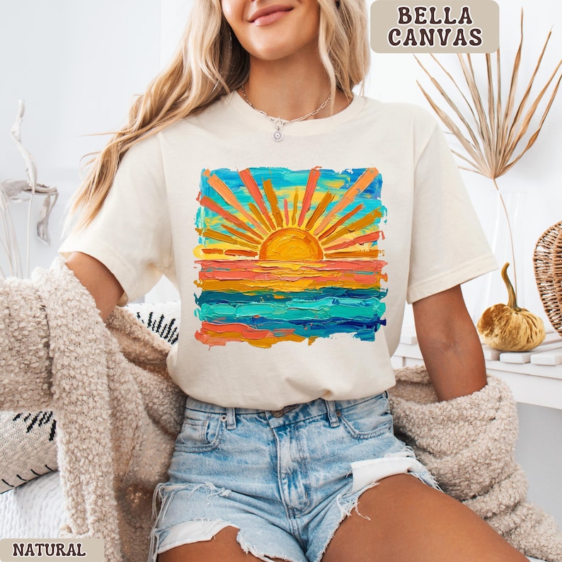 Bella Canvas Cute Summer Sunset Shirt, Retro Beach Graphic Tee, Trendy Vacation Outfit Top, Aesthetic Coastal Tee, Bella Canvas Shirt Women Natural