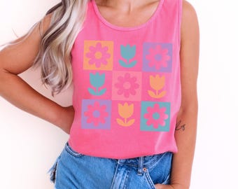 Retro flower tank top, bold floral graphic shirt, 90s daisy tank, colorful summer top, cute garden tee, bright spring tank top, gift for her