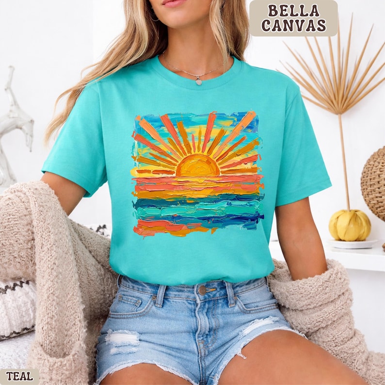Bella Canvas Cute Summer Sunset Shirt, Retro Beach Graphic Tee, Trendy Vacation Outfit Top, Aesthetic Coastal Tee, Bella Canvas Shirt Women Teal