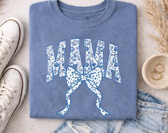 Floral Mama Comfort Colors Long Sleeve Shirt, Blue Bow Mama Tee, Trendy Mom Shirt, Mother’s Day Gift, New Mom Baby Shower Gift Plus Size