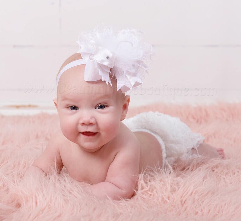 Newborn Over the Top Bow Headband and Diaper Cover,White Headband,Baby Headband,Baptism Christening Headband Bow,White Headband and Bloomers