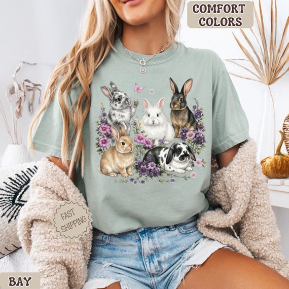 Floral Bunny Shirt, Easter Bunny Shirt, Bunny Lover Gift, Cute Bunny Tee, Spring Graphic Tee, Plus Size Comfort Colors, Animal Lover Gift