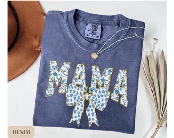 Comfort Colors® Mama Shirt, Blue Ribbon Shirt, Mothers Day Gift, Girly Aesthetic Gift For Mom, Cute Mom Shirt, Bow Shirt, Chinoiserie Shirt