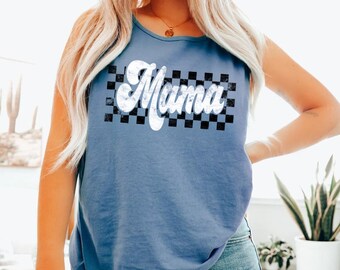 Retro Mama Tank Top, Comfort Colors Mom Tank, Checkered Mom Tank