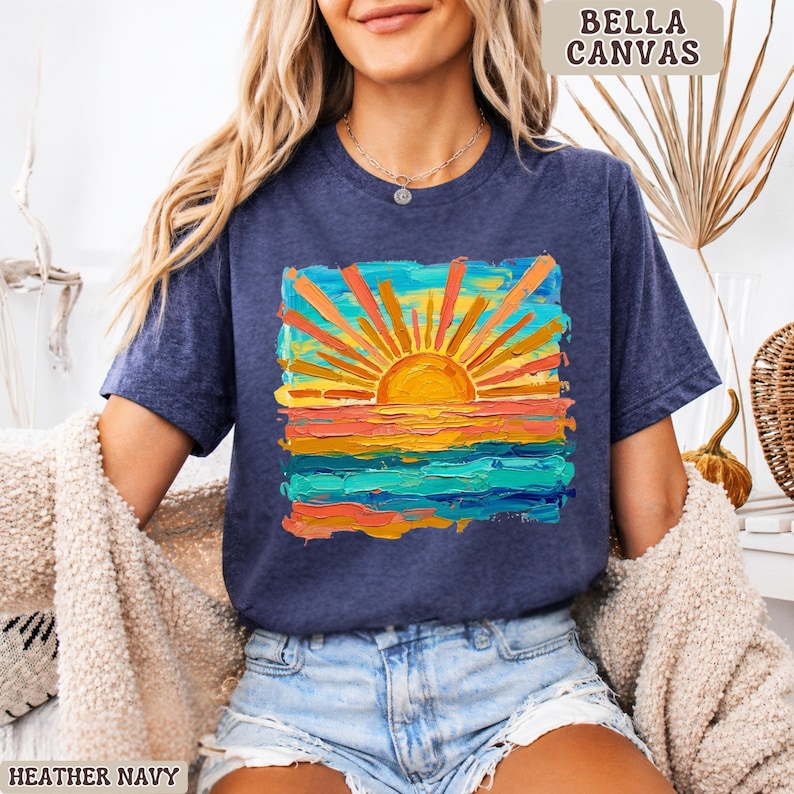 Bella Canvas Cute Summer Sunset Shirt, Retro Beach Graphic Tee, Trendy Vacation Outfit Top, Aesthetic Coastal Tee, Bella Canvas Shirt Women Heather Navy