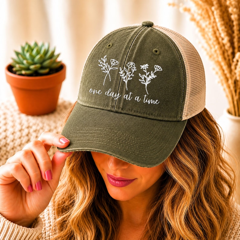 May include: Olive green baseball cap with a tan mesh back. The cap features white floral illustrations and the phrase "one day at a time" in a script font. The cap is being held by a person.