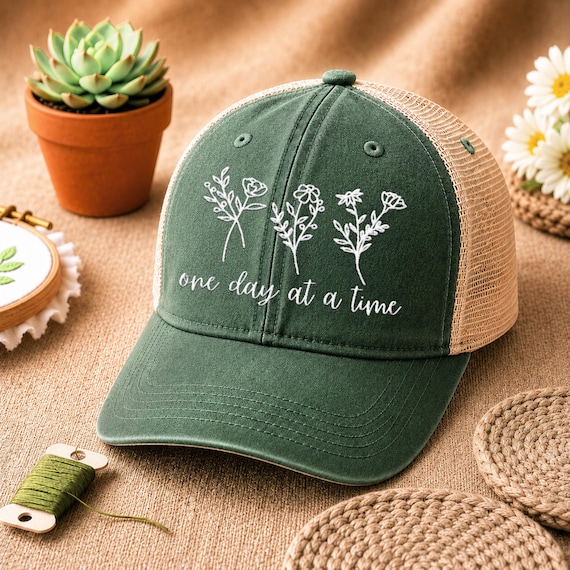 Embroidered Floral Hat, One Day At A Time Hat, Ponytail Hat for Women, Mental Health Hat, Messy Bun Baseball Cap, Inspirational Gift for Her