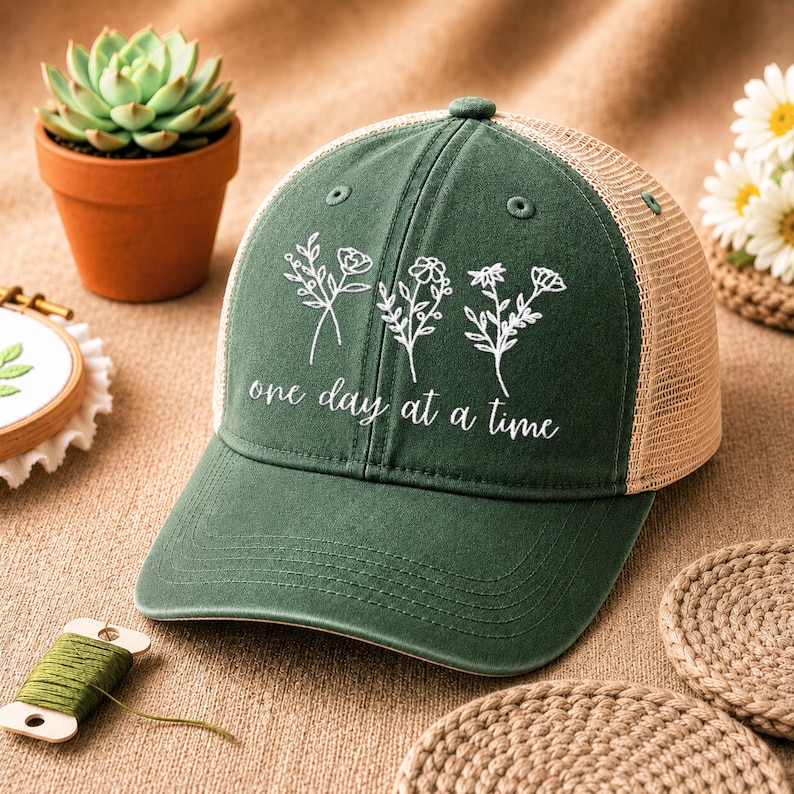 May include: A green trucker hat with a white floral design and the text "one day at a time." The hat has a mesh back and a curved brim. The hat is on a tan surface.