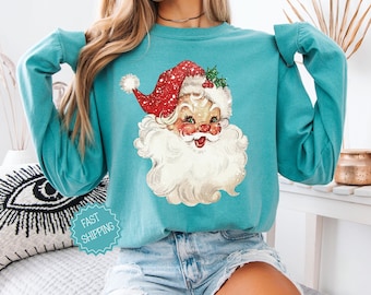 Retro Santa Long Sleeve Shirt, Christmas Comfort Colors Holiday Tee, Vintage Santa Graphic Shirt, Cozy Winter Gift, Aesthetic Xmas Shirt