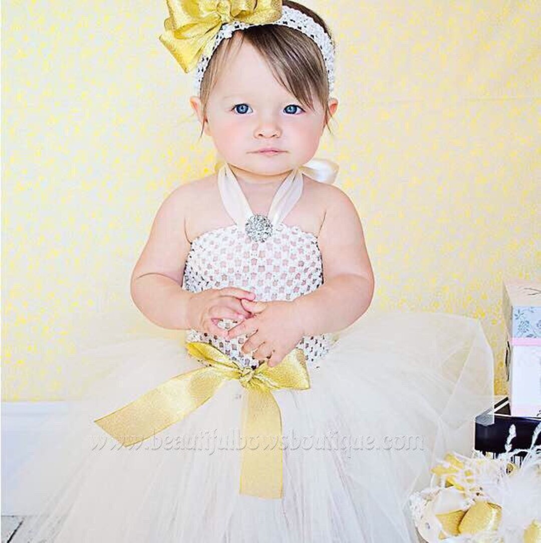 Gold and Ivory Toddler Baby Tutu Dress and Hair Bow Set,ivory Tutu