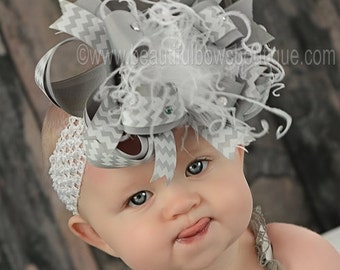 Big Boutique Gray and White Over the Top Bow,White and Grey Baby Headband,Grey and White 6 inch Hair Bow,Over the Top Bows,Grey Baby Bows