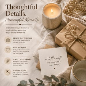 May include: A lit candle in a ribbed beige ceramic holder, a brown paper-wrapped gift tied with twine, and a white card with the text 'a little note FOR SOMEONE AMAZING'. The image includes text about gift packaging, quality, and personal touches.