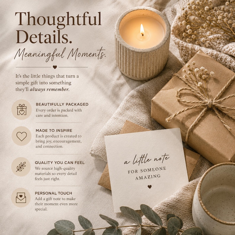 May include: A lit candle in a ribbed beige ceramic holder, a brown paper-wrapped gift tied with twine, and a white card with the text 'a little note FOR SOMEONE AMAZING'. The image includes text about gift packaging, quality, and personal touches.