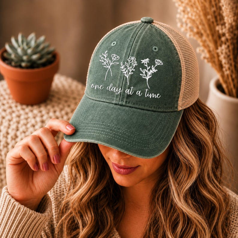 May include: Green baseball cap with a tan mesh back. The cap features white floral embroidery and the phrase "one day at a time" in white script. The cap is a stylish accessory.