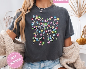 Coquette Bow Shirt Comfort Colors Christmas Lights Shirt Women's Holiday Crewneck Christmas T-shirt Festive Holiday Shirt cute Christmas tee