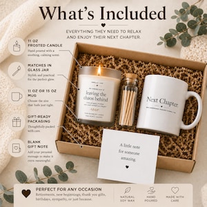May include: A gift box containing an 11 oz frosted candle with a label reading 'leaving the chaos behind', a glass jar of matches, a white mug with the text 'Next Chapter', and a blank gift note. The items rest on brown paper filler.