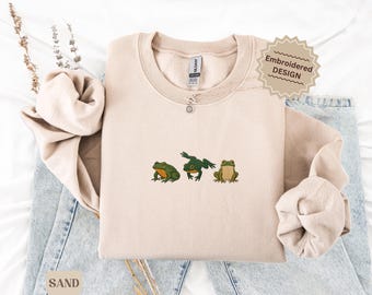 Embroidered Frog Sweatshirt, Frog Lover Cottagecore Crewneck, Frog Embroidered Pullover Cozy Embroidered Sweater Nature Aesthetic Frog Shirt