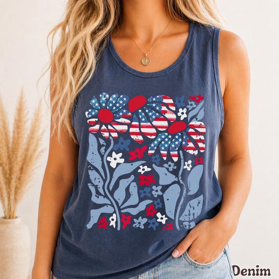Boho Patriotic Comfort Colors Tank Top, Floral American Flag Shirt, Retro 4th of July Tank, USA Summer Graphic Tank, July 4th Outfit Women