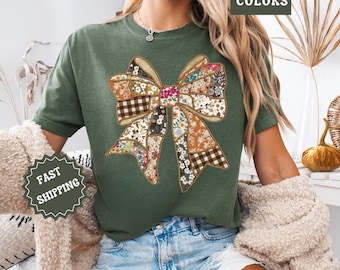 Patchwork Bow Comfort Colors Shirt, Boho Bow Tee, Vintage Bow Graphic Tee, Retro Bow Top, Aesthetic Cottagecore Shirt Christmas Gift for Her