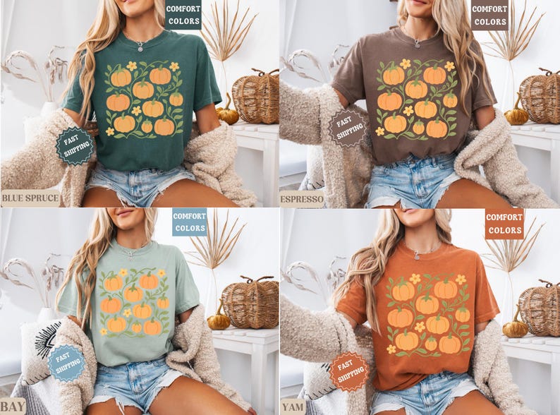 May include: Four t-shirts in different colors: blue spruce, espresso, bay, and yam. Each shirt features a square design with orange pumpkins and green leaves. The words "COMFORT COLORS" are printed on each shirt.
