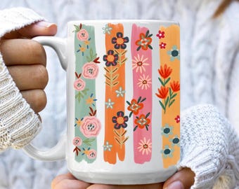 Boho Blumenbecher, bunte Blumen Kaffeetasse, Muttertagsbecher, Geschenk für Mama, Cottagecore Küchendekor, niedlicher Frühlingsbecher, Mutter Geburtstagsgeschenk