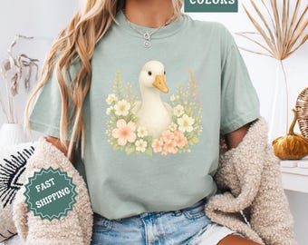 Chemise florale couleurs confort en oie, T-shirt mignon canard pour femme, T-shirt graphique cottagecore, chemise de ferme printanière, cadeau chemise animal, grandes tailles