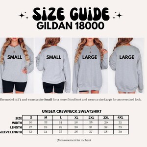 Peut inclure: Guide des tailles pour un sweat-shirt ras du cou unisexe Gildan 18000. L'image montre des mod&egrave;les portant des tailles petites et grandes. Le tableau des tailles fournit des mesures en cm pour la largeur, la longueur et la longueur des manches, de S &agrave; 4XL.