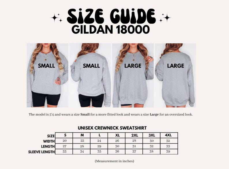 Peut inclure: Guide des tailles pour un sweat-shirt ras du cou unisexe Gildan 18000. L'image montre des mod&egrave;les portant des tailles petites et grandes. Le tableau des tailles fournit des mesures en cm pour la largeur, la longueur et la longueur des manches, de S &agrave; 4XL.