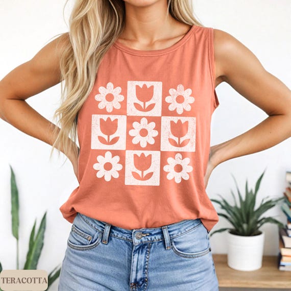 Minimalist Floral Tank Top, Retro Flower Shirt, Tulip Daisy Block