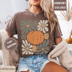 Pumpkin Floral Shirt Comfort Colors Fall Shirt Fall Womenswear Oversized Crewneck Women&#39;s Fall Pumpkin Shirt Trendy Fall Tee Thanksgiving