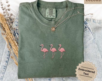 Embroidered Flamingo Shirt, Comfort Colors Tee, Flamingo Graphic Shirt, Summer Vacation Shirt Beach Trip Shirt Cute Animal Shirt Gift Unisex