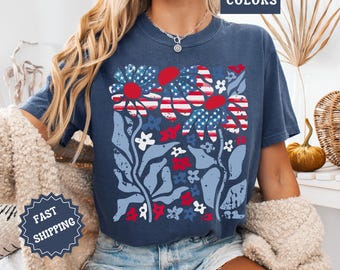Camiseta bohemia patriótica con margaritas, camiseta floral con la bandera estadounidense, camiseta del 4 de julio de EE. UU., camiseta Comfort Colors, camiseta gráfica de verano, idea de atuendo para festivales.