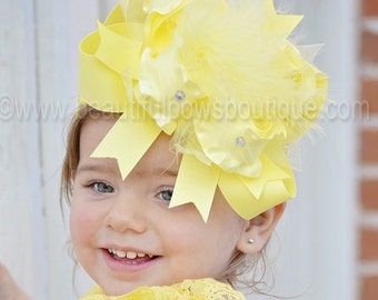 Light Yellow Over The Top Hair Bow, Huge Yellow Feather Hair Bow, FREE Headband Included