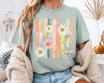 Floral Brushstroke Comfort Colors Shirt, Vintage Botanical Graphic Tee, Cottagecore Spring Shirt Aesthetic Flower Top Gift For Her Plus Size