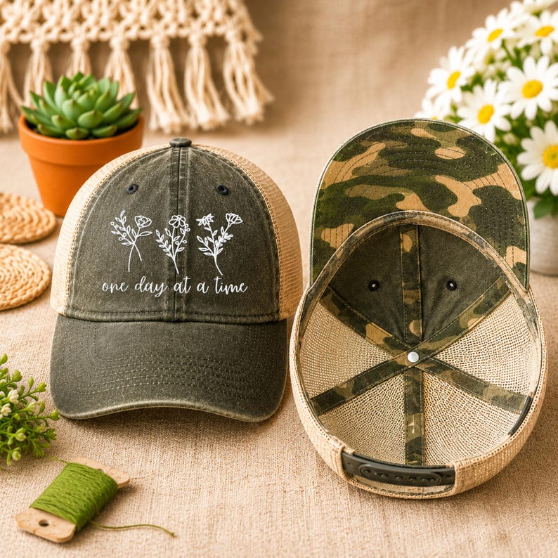 May include: Two baseball caps. One is olive green with a floral design and the text "one day at a time." The other has a camouflage pattern on the underside. Both have a tan mesh back and a curved brim.