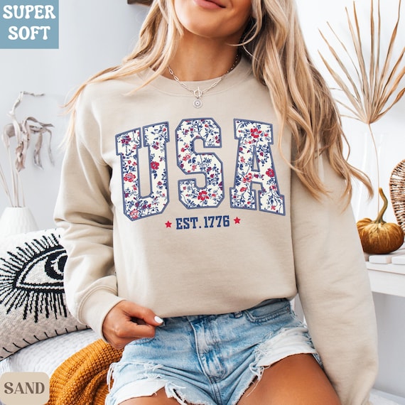 Floral USA Crewneck Sweatshirt, Trendy 4th of July Shirt, Patriotic Summer Pullover, Cute Lake Day Outfit, Gift for Teen Girl, Est. 1776
