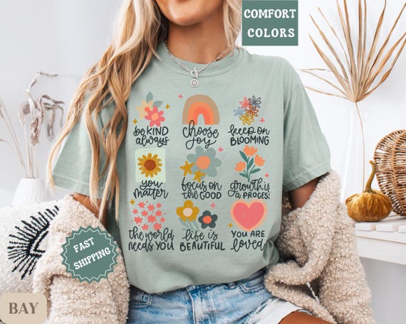 Positive Doodle Shirt, Cute Aesthetic Tee, Flower Graphic Tee Happy Quote T-Shirt Inspirational Graphic Tee Doodle Letter Shirt Kindness Tee
