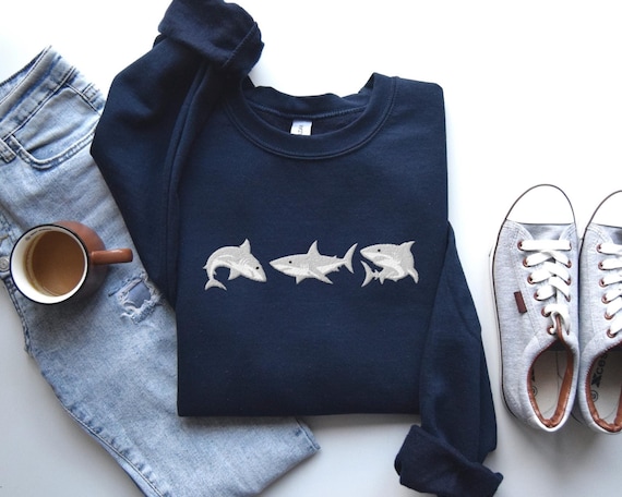 Embroidered Shark Shirt Shark Crewneck Embroidered Winter Sweatshirt Embroidered Christmas Gift Embroidered Shark Lover Gift for Friend