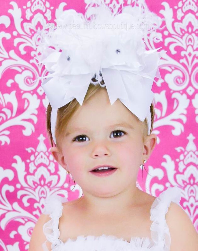 White Over the Top Hair Bow, White Over the Top Baby Headand, 6 inch white hair bow image 1