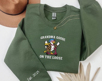 Personalized Grandma Goose Sweatshirt, Embroidered Goose Crewneck, Funny Grandma Gift, Custom Sleeve Embroidery, Cozy Embroidered Sweatshirt