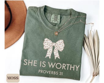 Comfort Colors® She is Worthy Bow Shirt, Women's Christian Shirts, Cute Christian Coquette Shirt, Girly Faith Shirt, Trendy Christian Shirt