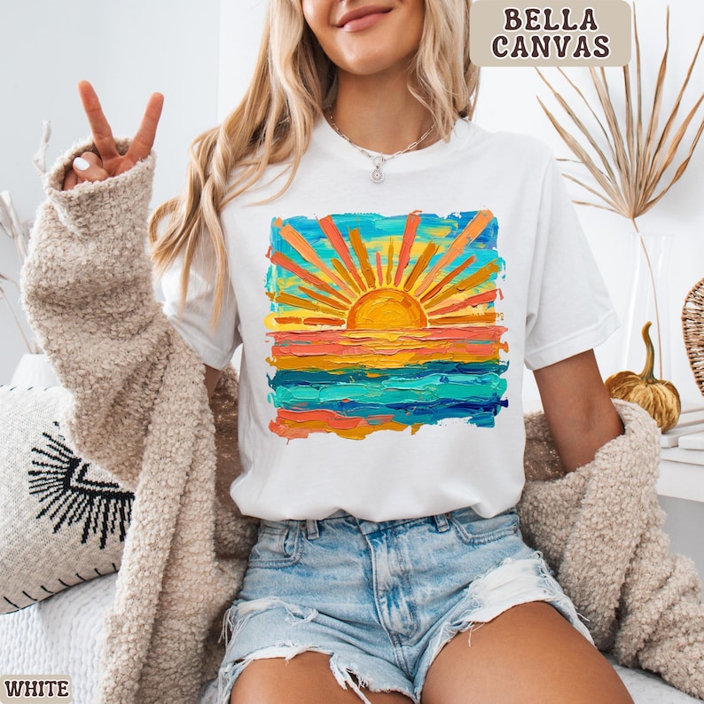 Bella Canvas Cute Summer Sunset Shirt, Retro Beach Graphic Tee, Trendy Vacation Outfit Top, Aesthetic Coastal Tee, Bella Canvas Shirt Women White